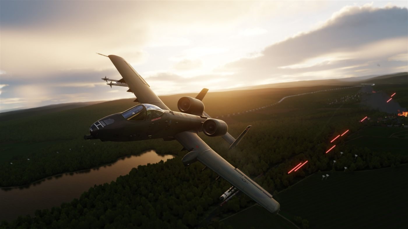 A-10 in low-level flight over a river valley