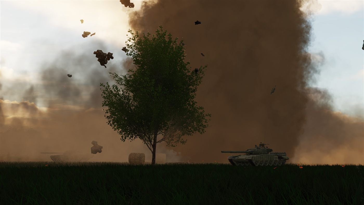 Ground battle with a tank and explosion